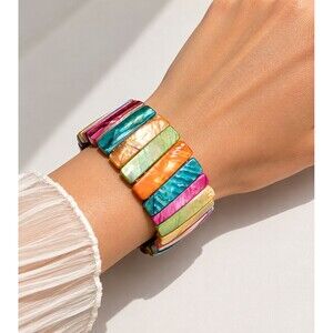 Vintage Multicolor Mother of Pearl Shell Elastic Stretch Cuff Statement Bracelet